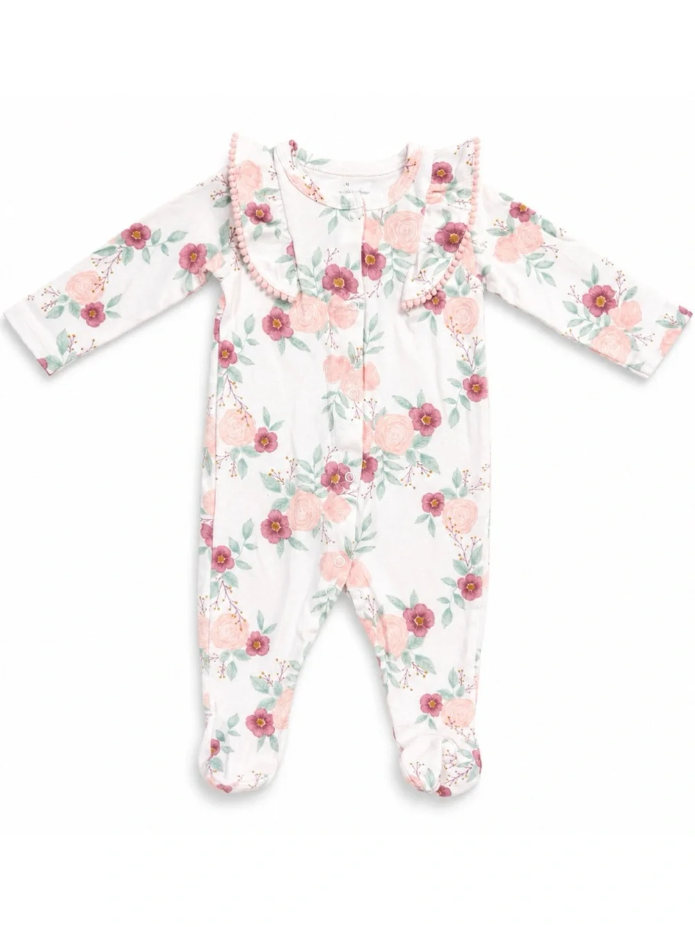 Catherine Malandrino Floral Ruffle Snap Closure Cotton Footie Baby Girl 3-6M